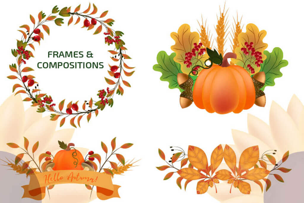 無料ベクター素材 秋の素材 カボチャやドングリ 紅葉など がたくさんつまった秋色素材テンプレート Webdesignfacts