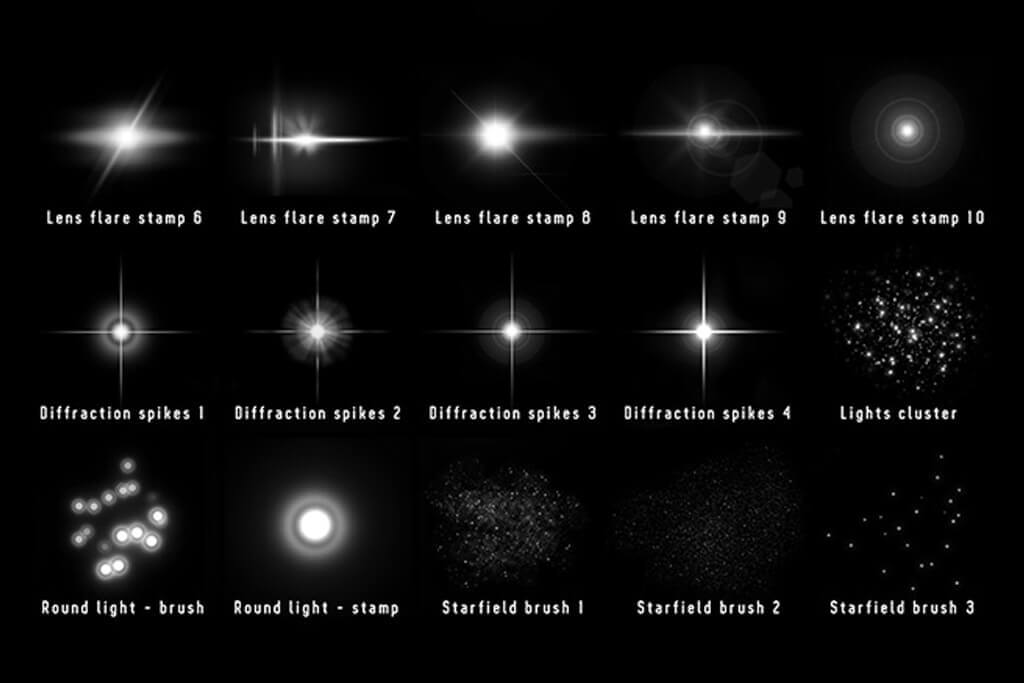 プロクリエイト用20種類のキラキラ光るブラシ レンズフレアや星 宇宙